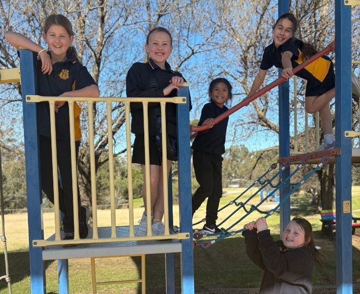 5 students standing on the play equipment, smiling at the camera.