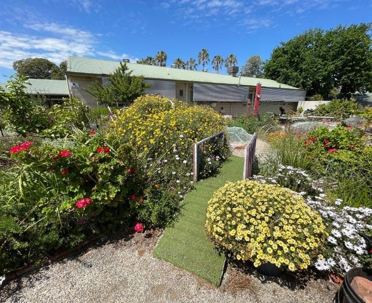 a photo of our sunshine garden, including a little brige surrounded by flowers.