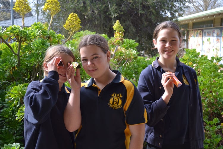 3 primary students holding up and looking through their homemade kaleidoscopes.