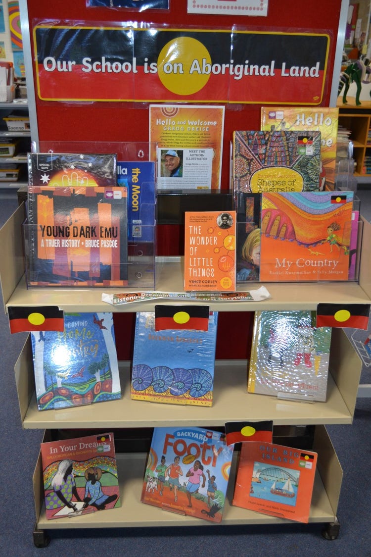 The bookshelf on display in the library showcasing some of the Indigenous resources we have available.